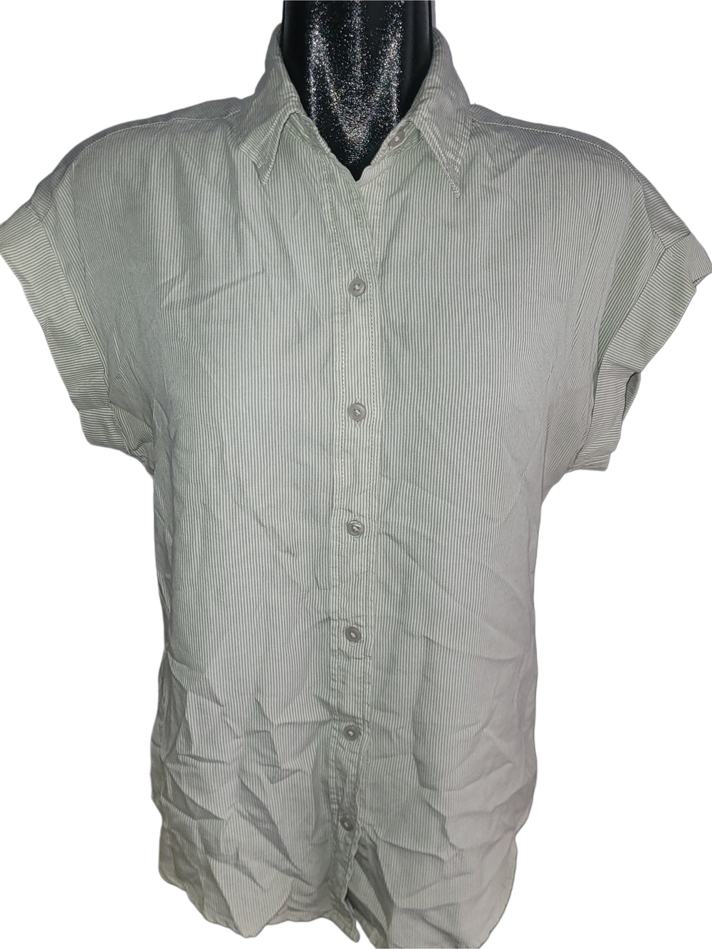 Tilley Sage And White Striped Button-Front Short Sleeve Tencel Top Size S - Picture 2 of 7